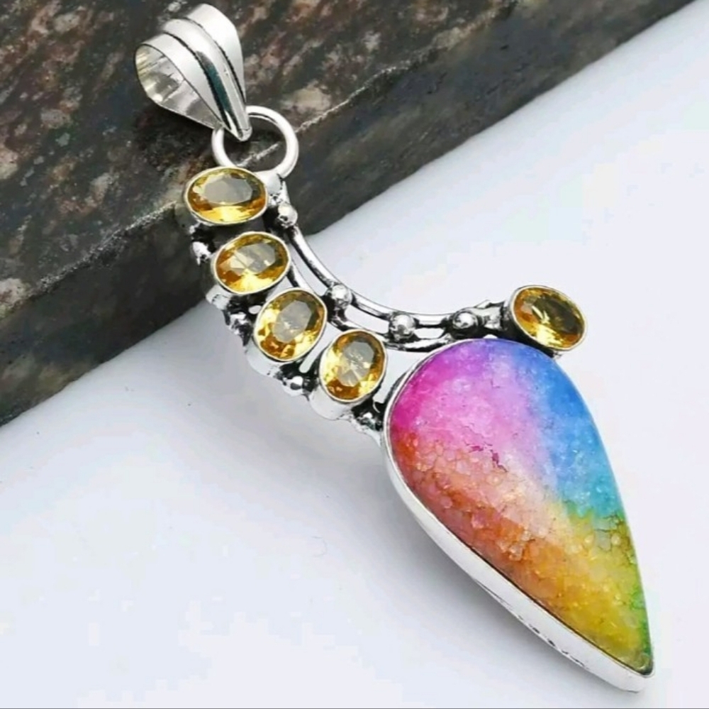 💛Rainbow Druzy & Citrine Gemstone Boho Pendant